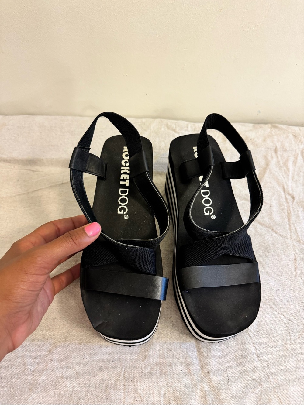 Rocket Dog Black Platform Sandals with Striped Sole